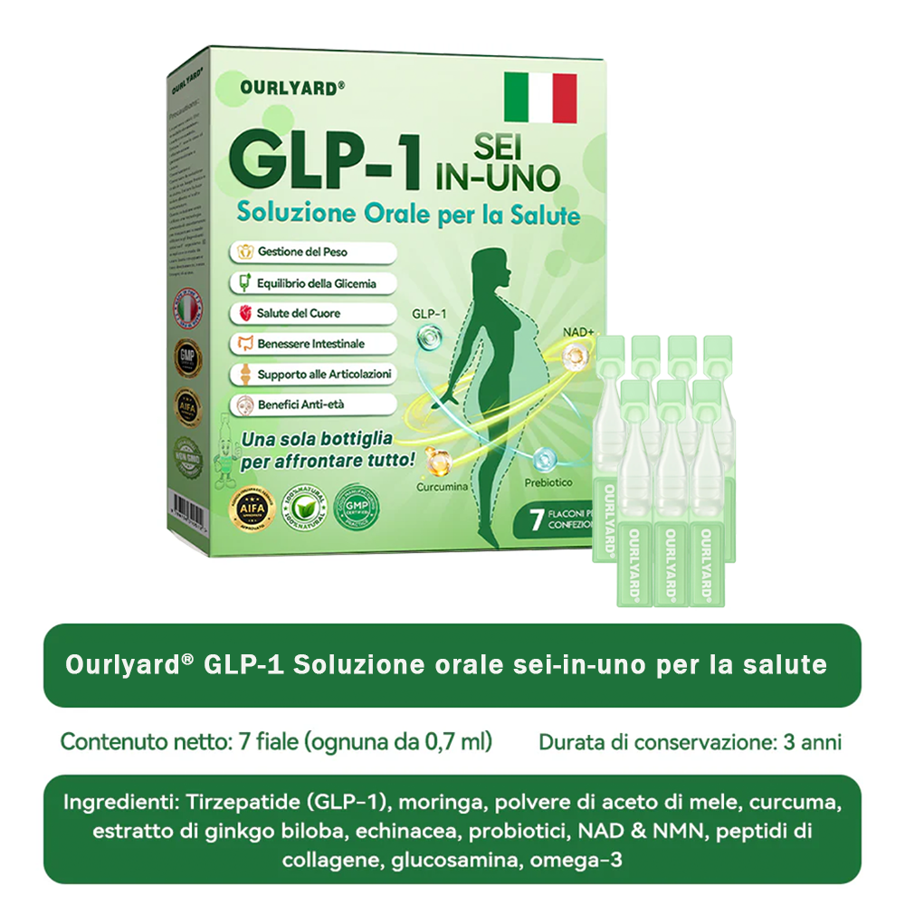 Ourlyard® 🔥 GLP-1 Sei-in-Uno Soluzione Orale per la Salute (Solo una volta al giorno, cambiamenti visibili in 7 giorni) 👩⚕️ Per obesità, salute cardiovascolare, diabete, apnea notturna, salute intestinale, problemi articolari e molto altro ancora