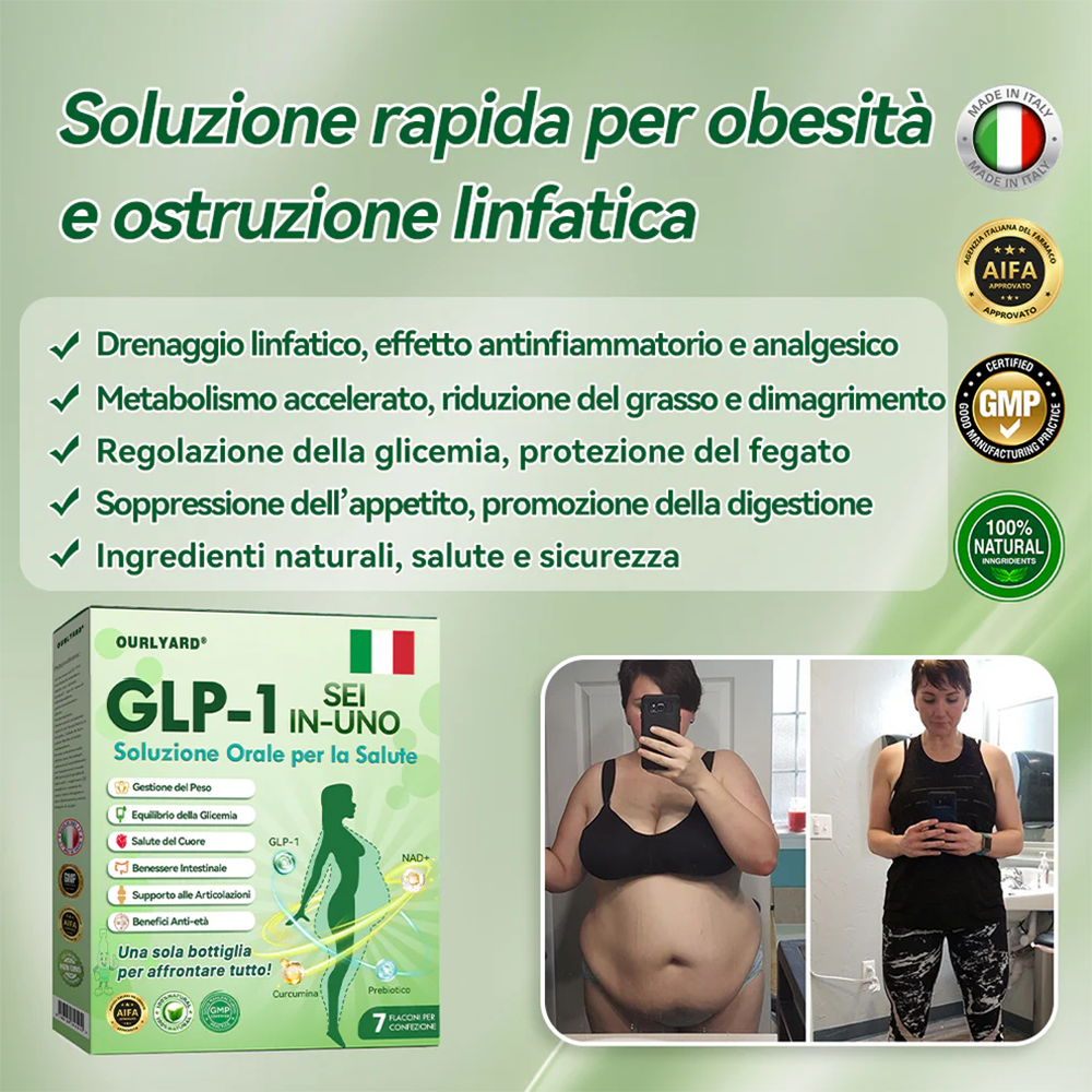 Ourlyard® 🔥 GLP-1 Sei-in-Uno Soluzione Orale per la Salute (Solo una volta al giorno, cambiamenti visibili in 7 giorni) 👩⚕️ Per obesità, salute cardiovascolare, diabete, apnea notturna, salute intestinale, problemi articolari e molto altro ancora