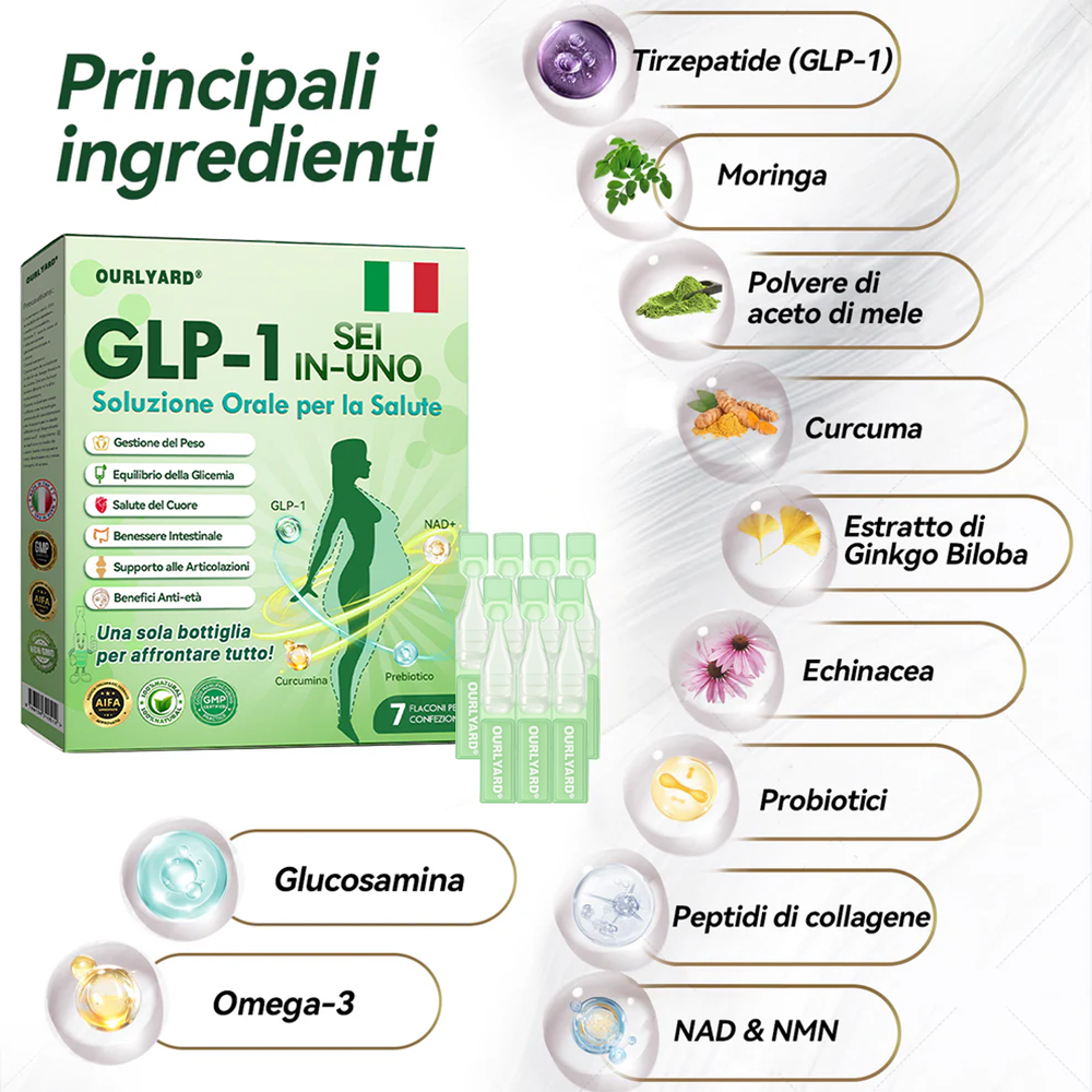 Ourlyard® 🔥 GLP-1 Sei-in-Uno Soluzione Orale per la Salute (Solo una volta al giorno, cambiamenti visibili in 7 giorni) 👩⚕️ Per obesità, salute cardiovascolare, diabete, apnea notturna, salute intestinale, problemi articolari e molto altro ancora